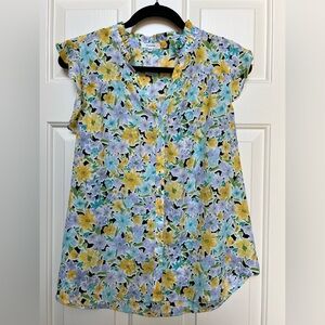Pleione Floral Sleeveless Ruffle Blouse - Bright Spring/Summer Top - Size Large